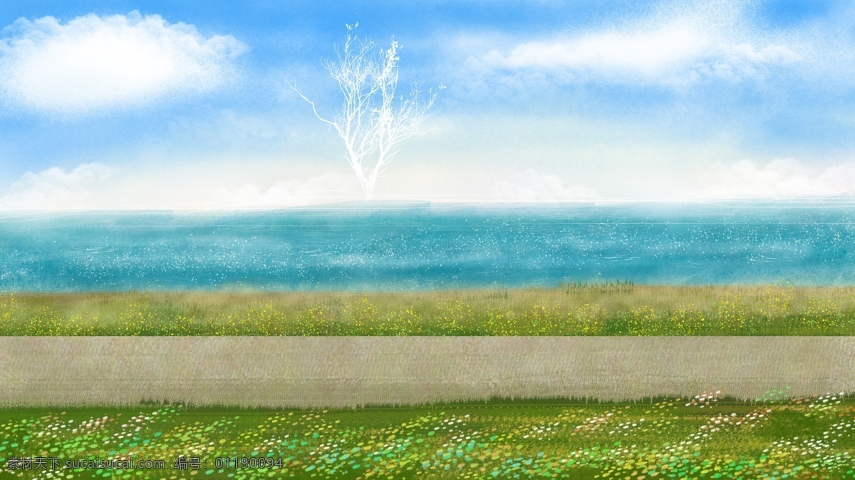 海边 草地 背景 海滩 大海 蓝天白云 清新背景 碧海蓝天 彩绘 banner 背景素材下载 彩色背景 背景设计 手绘背景 彩绘素材