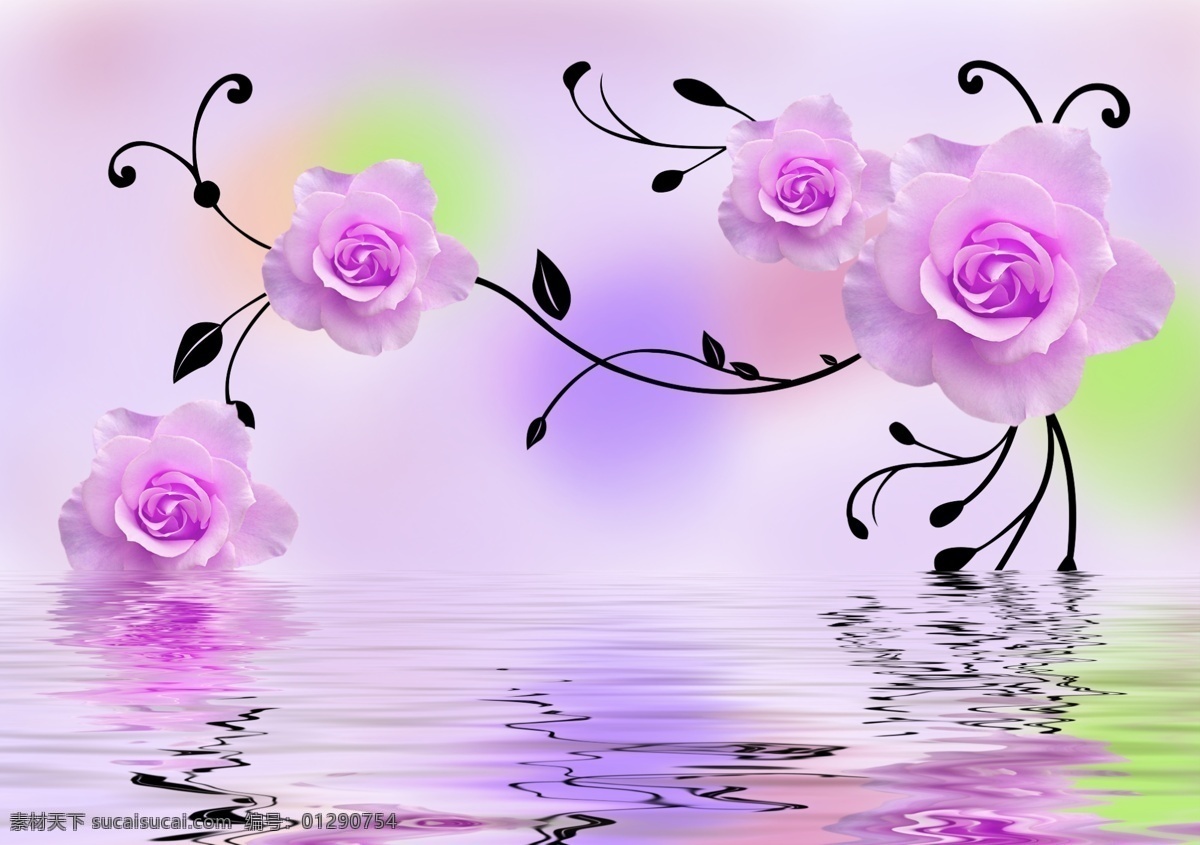 玫瑰花水纹 紫色玫瑰 矢量花纹 矢量底纹 花卉倒影 玫瑰倒影 水纹 现代立体花卉 分层 粉色
