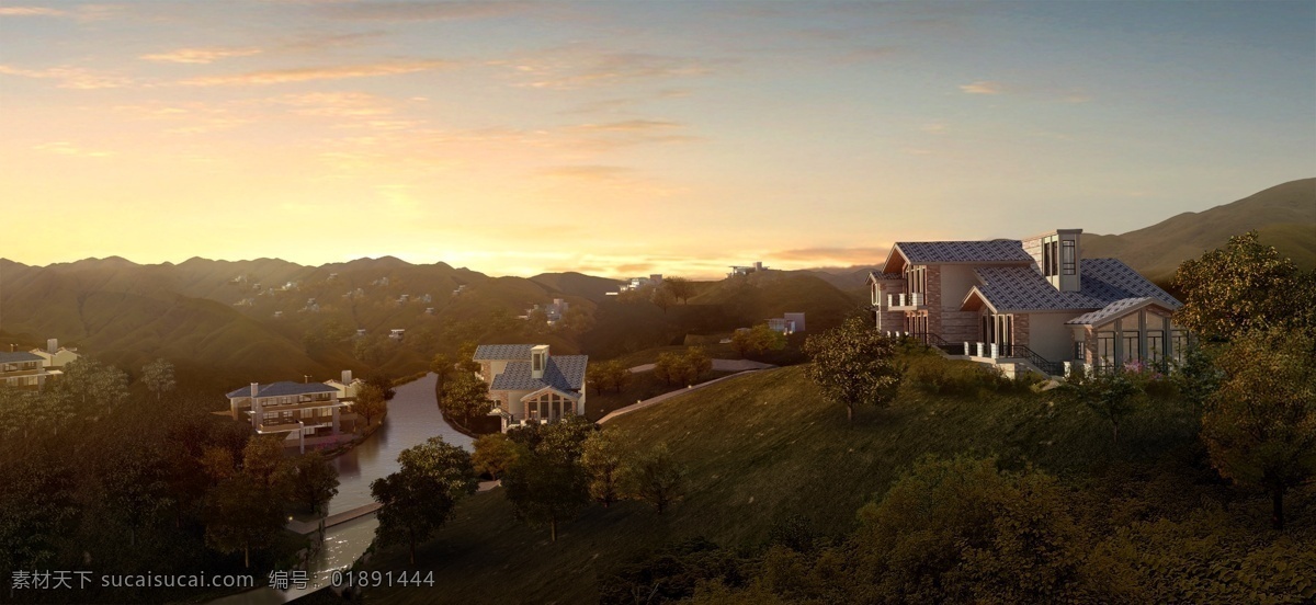 山顶 别墅 景观设计 河流 马路 草地 树木 山峰 房屋 建筑物 蓝色天空 环境设计 黑色