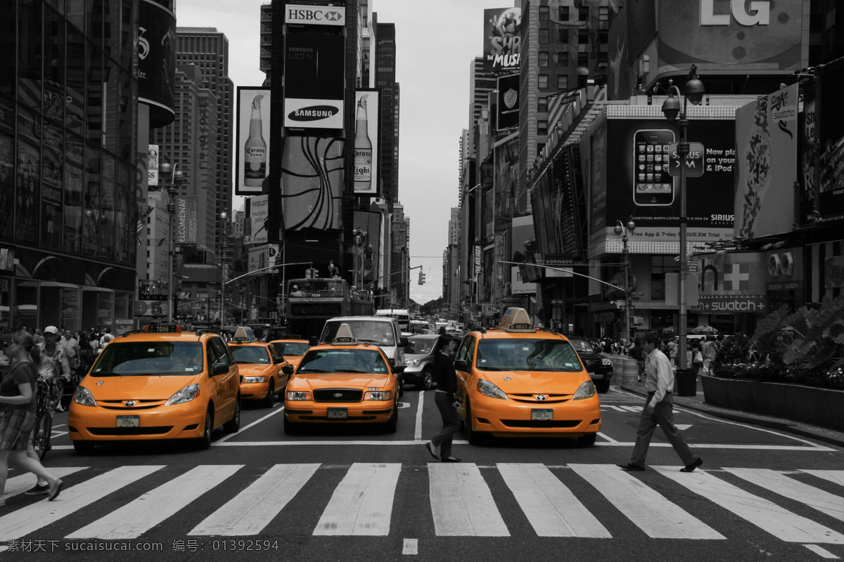 黑 白色 城市 黄色 出租车 还有 行人 黑白色 黄色的 黑色