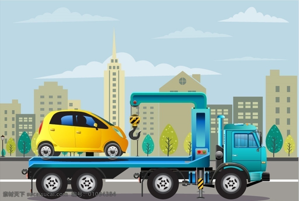 拖车吊车 吊车 拖车 清障车 拖障车 违法拖车 汽车 小汽车 卡通 卡通背景 卡通城市 卡通设计