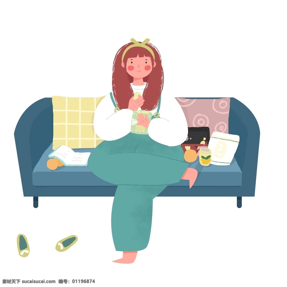 手绘 沙发 上 吃 零食 女孩 商用 元素 小清新 场景设计 少女