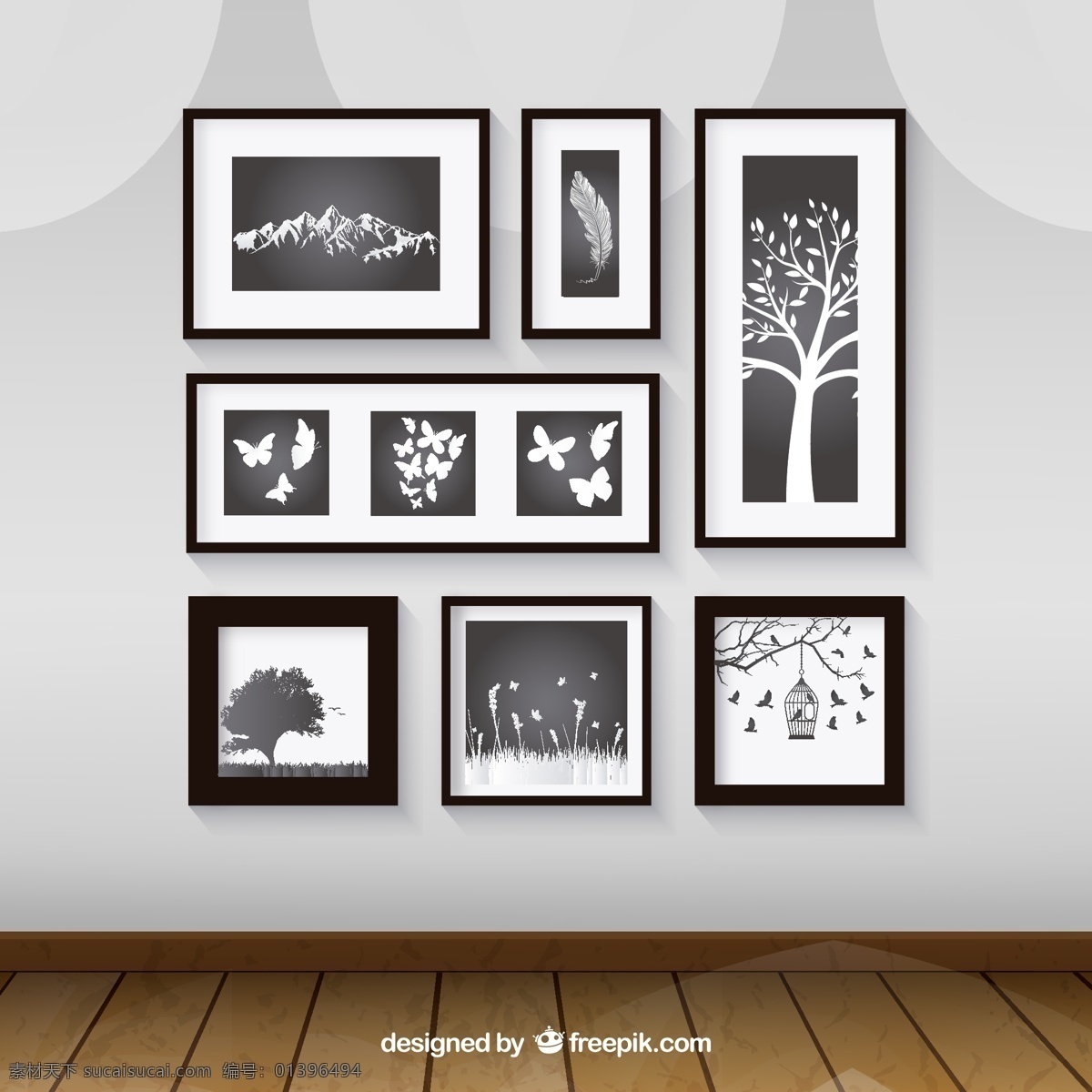 简洁 植物 照片 墙 矢量 雪山 羽毛 树木 蝴蝶 鸟笼 照片墙 挂画 地板 墙壁 相框 矢量图