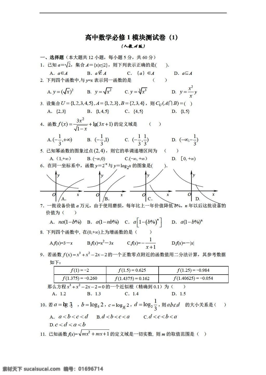 数学 人教 新 课 标 a 版 必修 模块 测 试卷 必修1