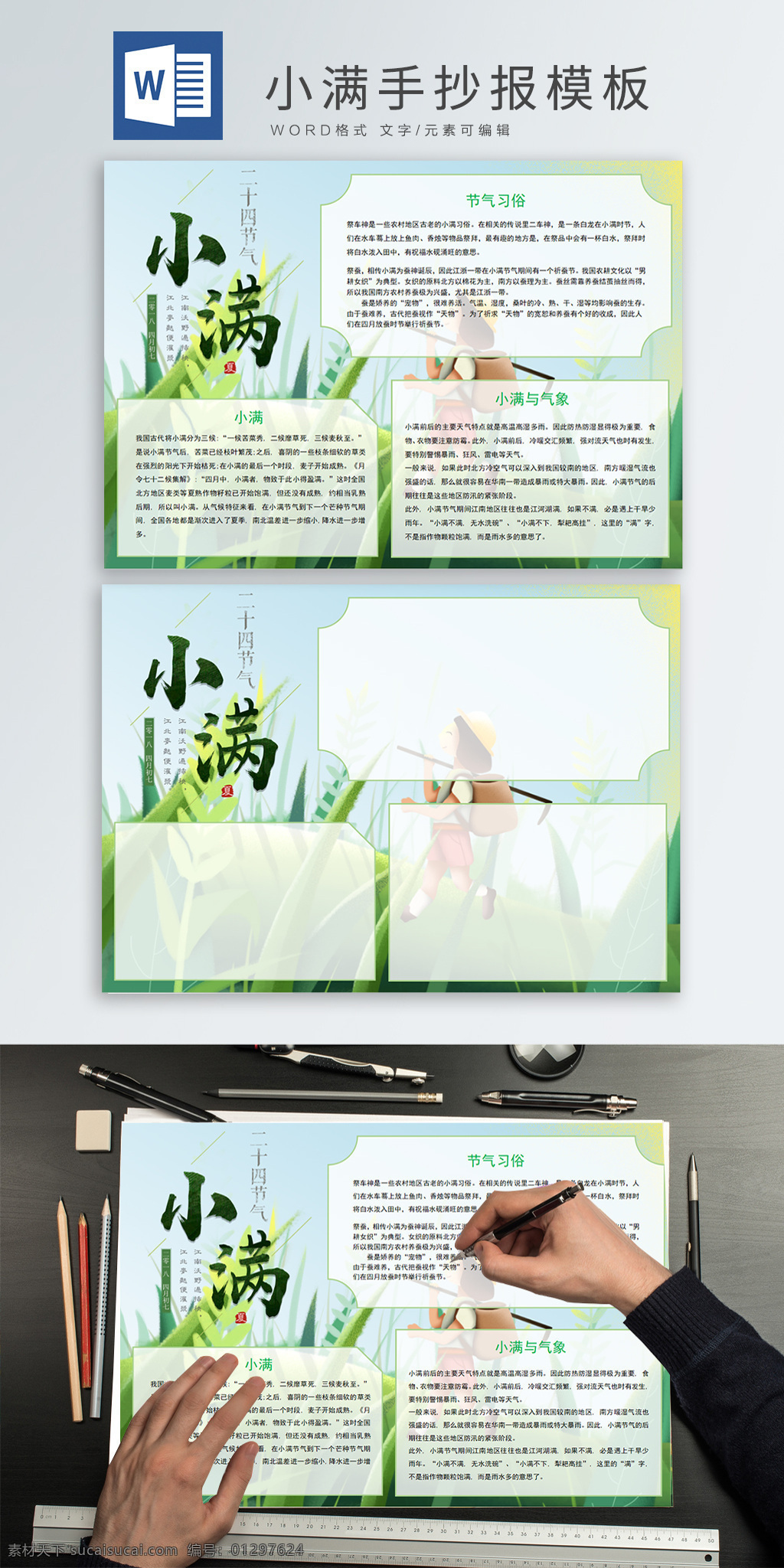 二十四节气 小满 手 抄报 手抄报 绿色 模板