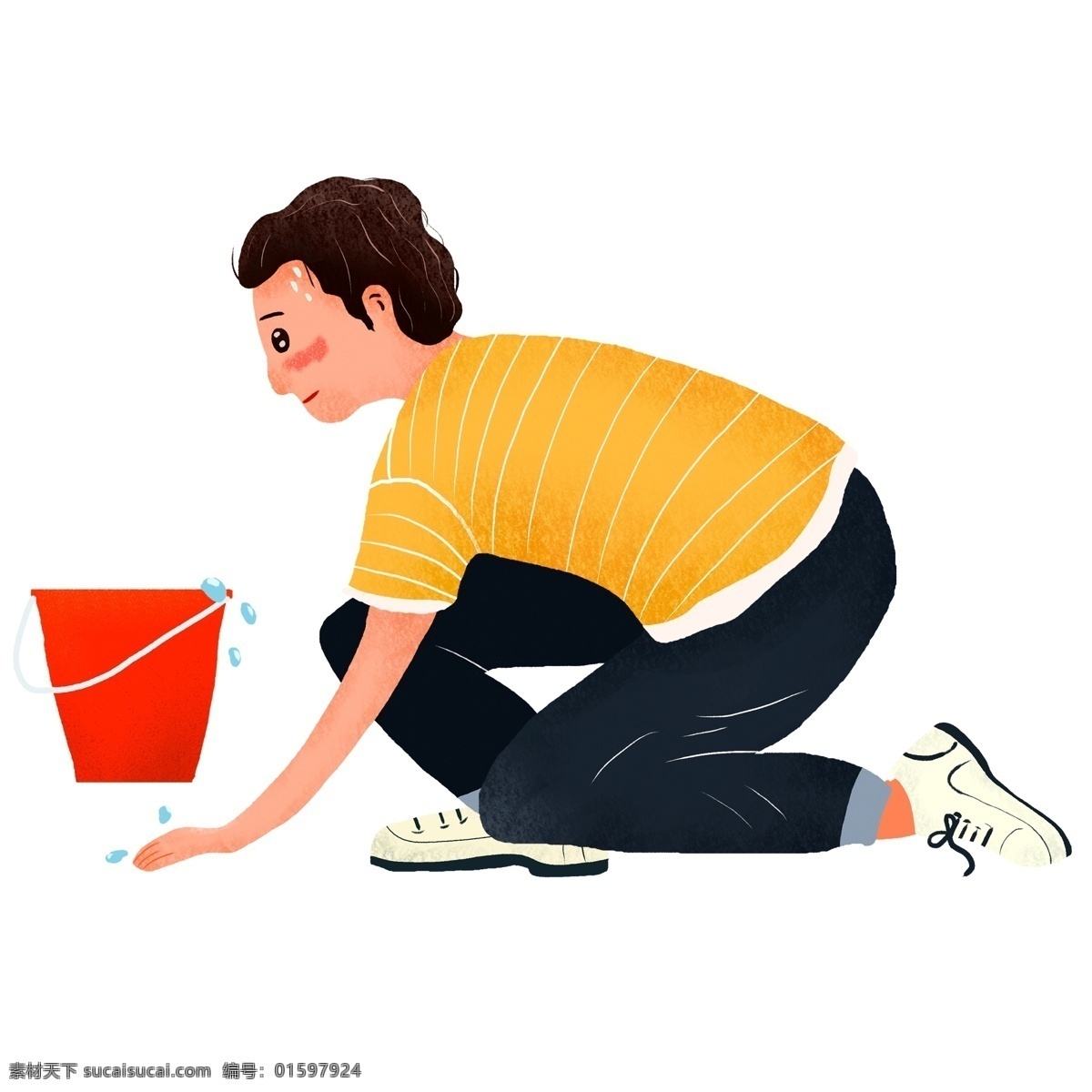 手绘 劳动节 擦 男孩 卡通 插画 擦地 劳动 五一 水桶