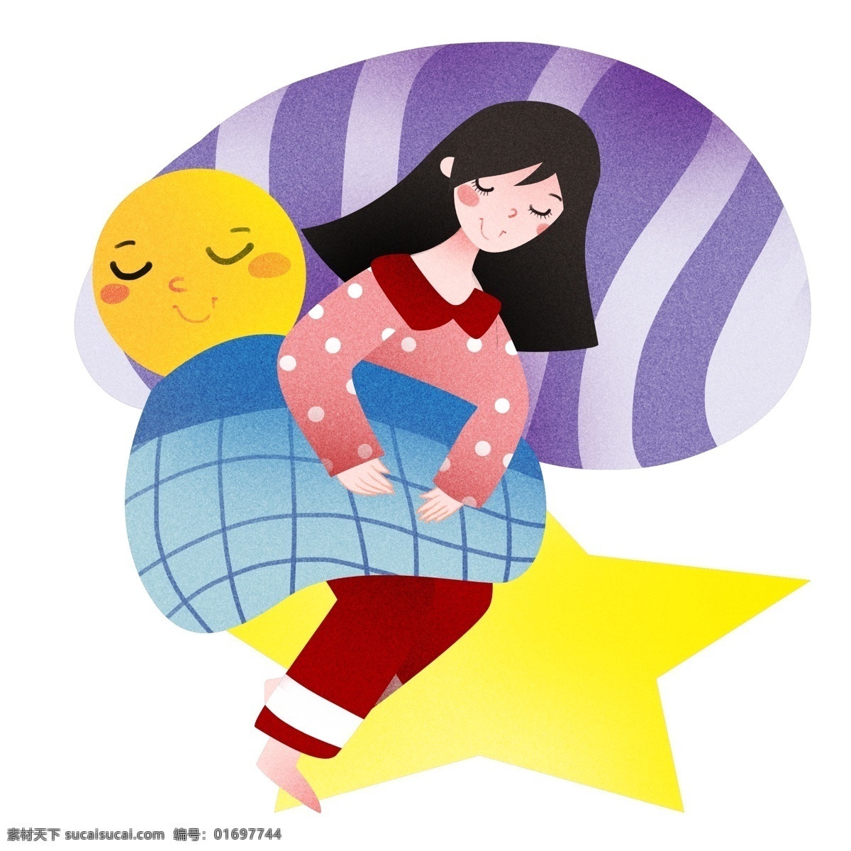 女孩 月亮 睡觉 插画 黄色的月亮 睡觉的小女孩 蓝色格子被子 黄色星星 夜晚睡觉 睡眠 卡通插画