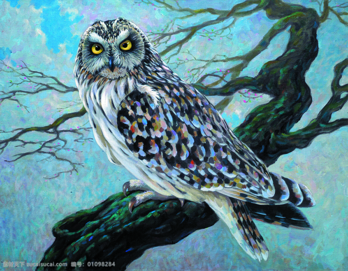 树上的猫头鹰 美术 油画 动物画 猫头鹰 树木 文化艺术 绘画书法