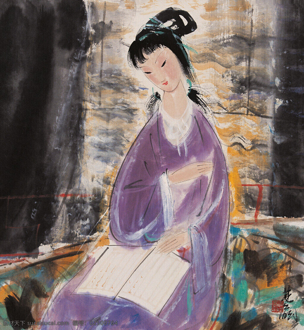 待字闺中 刺绣 读书 中国画 镜心 写意人物画 古典仕女 林风眠作品 工艺美术 平面广告 装饰设计 装饰素材 室内装饰用图