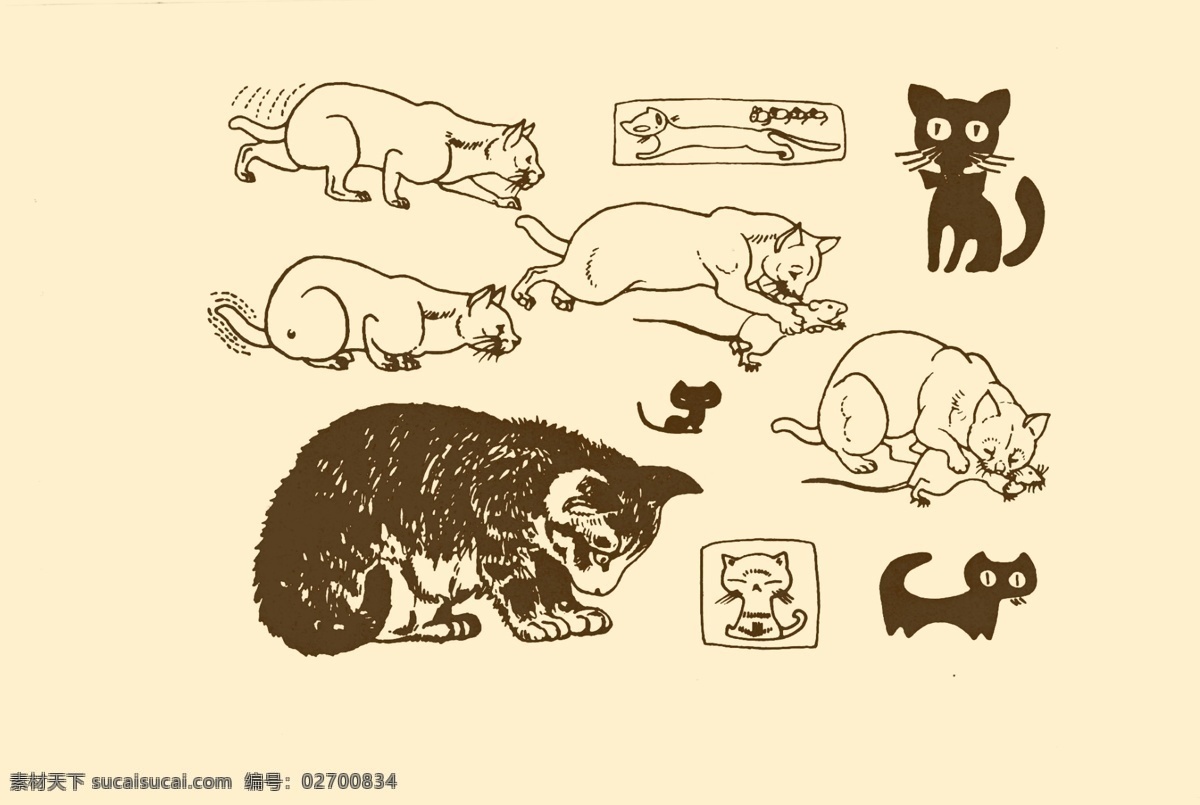 动物图案 猫 卡通 动物 纹样 图案 白描 简笔画 儿童画 猫科动物 分层 源文件