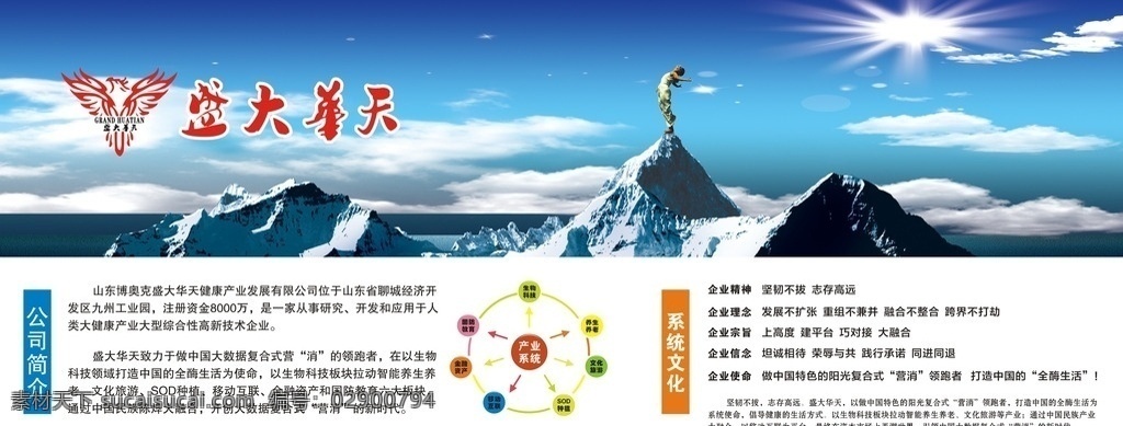 盛大 华天 公司简介 盛大华天 标志 简介 产业系统图 蓝天白云山峰 商务金融