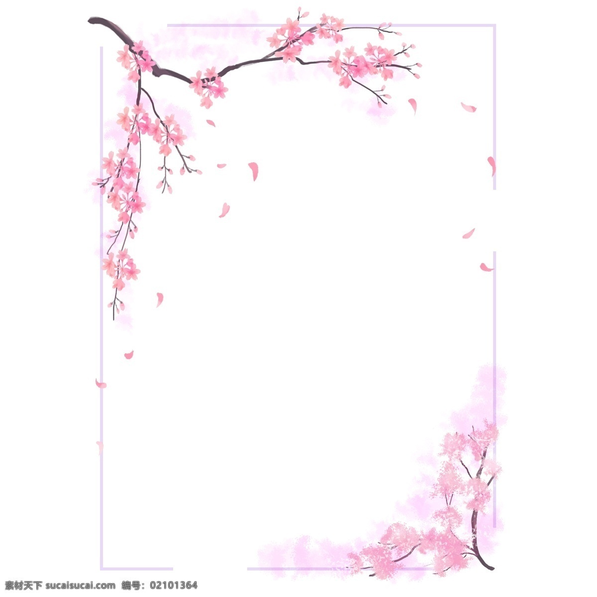 红色 樱花 方形 边框 好看的 漂亮 樱花树 红色樱花树枝 风 飘落 免抠