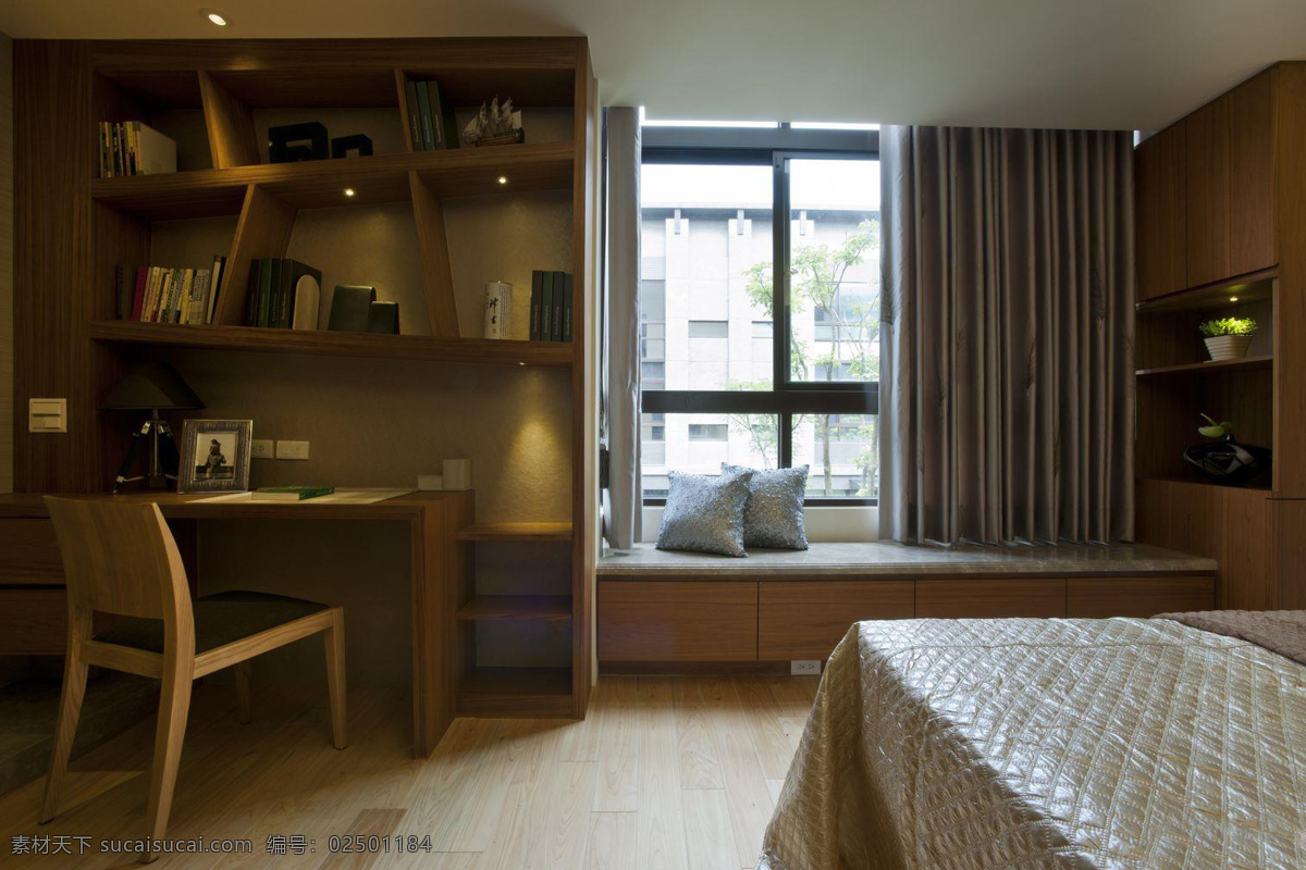 日式 清新 木制 书架 卧室 室内装修 效果图 卧室装修 木地板 浅色床品 浅色窗帘