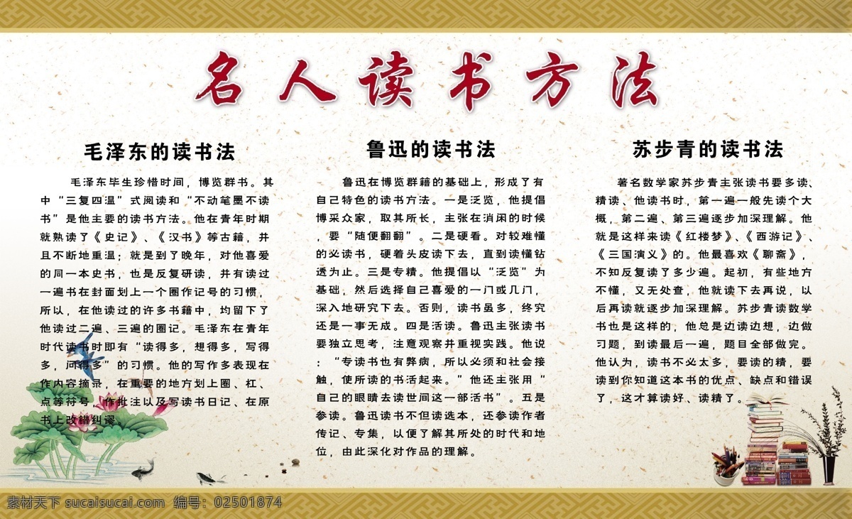 学校展板 名人读书方法 学校 小学生展板 荷花 书本 鱼 源文件 展板模板 广告设计模板