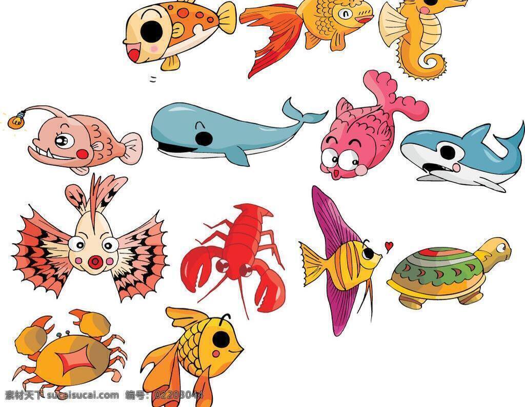 鱼儿 海豚 海洋生物 河马 螃蟹 生物世界 矢量图库 乌龟 虾 鱼类 矢量