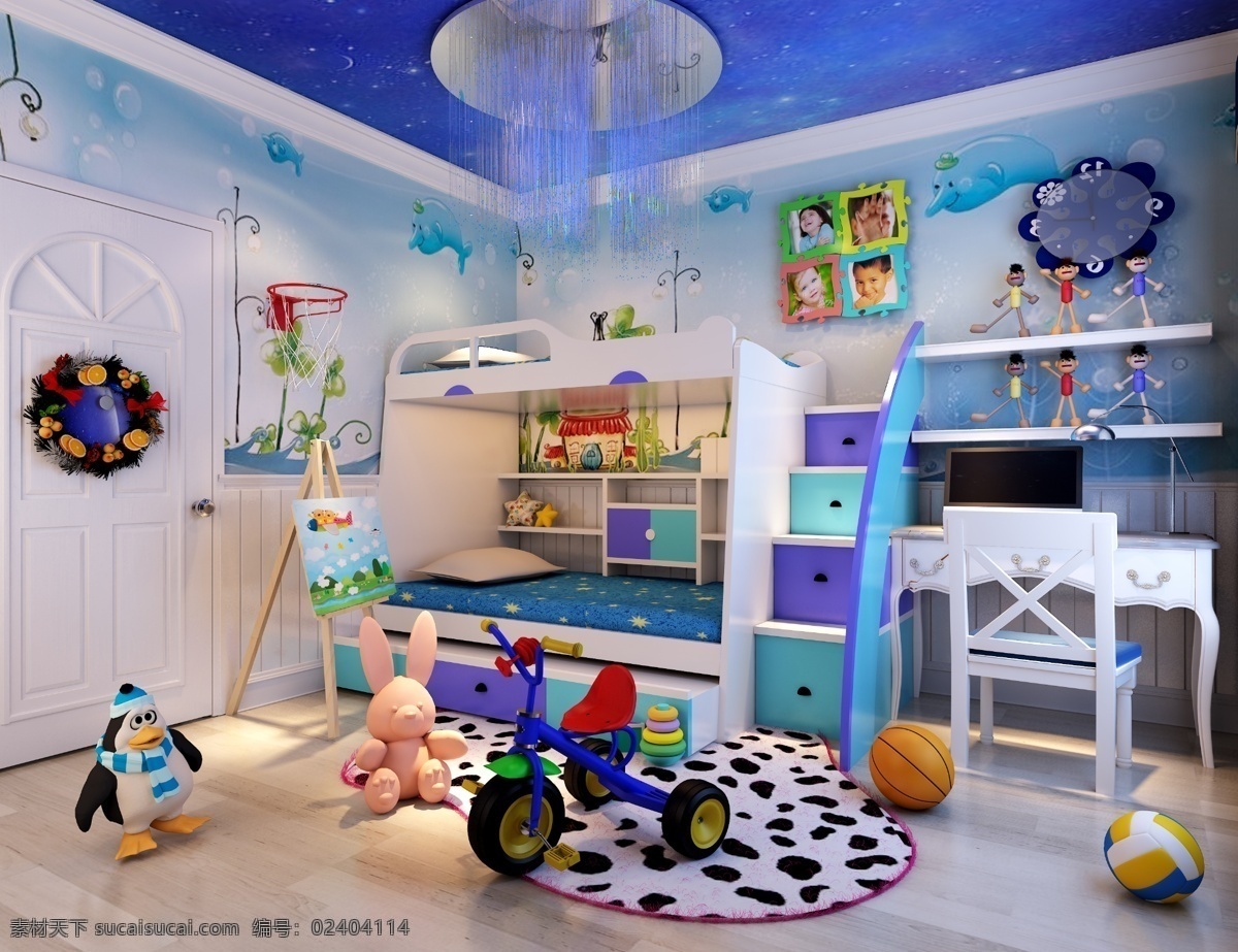 儿童房效果图 儿童房 床 3d效果图 灰色 小孩房 宝宝房
