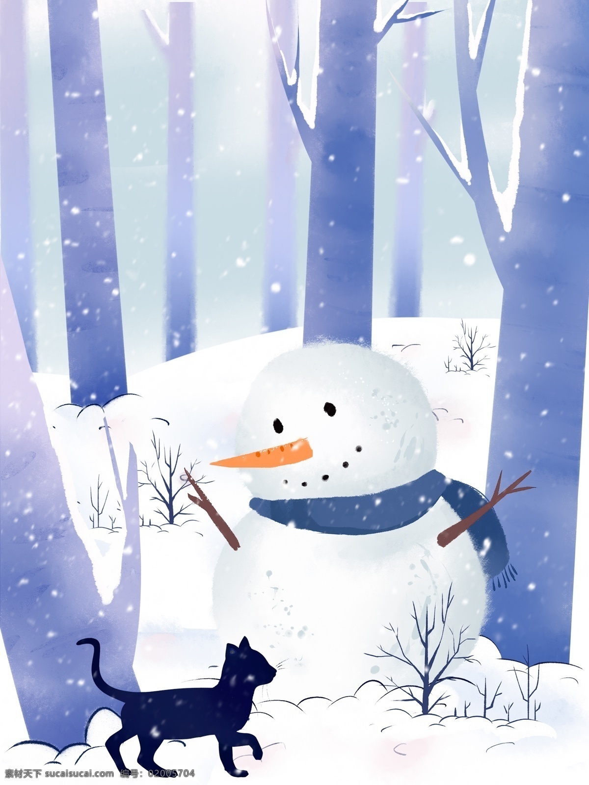 冬天 你好 雪地 里 雪人 猫咪 猫 树林 壁纸 插画 小清新 雪 树 背景 配图 海报