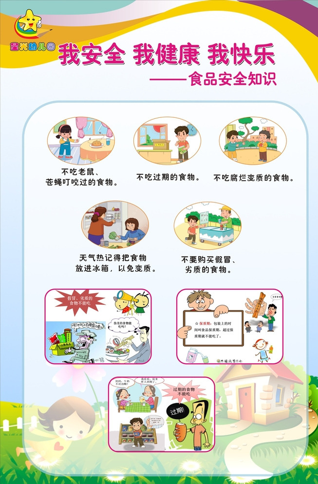 幼儿园 食品安全 教育 食品 安全教育 卡通 展板模板 白色