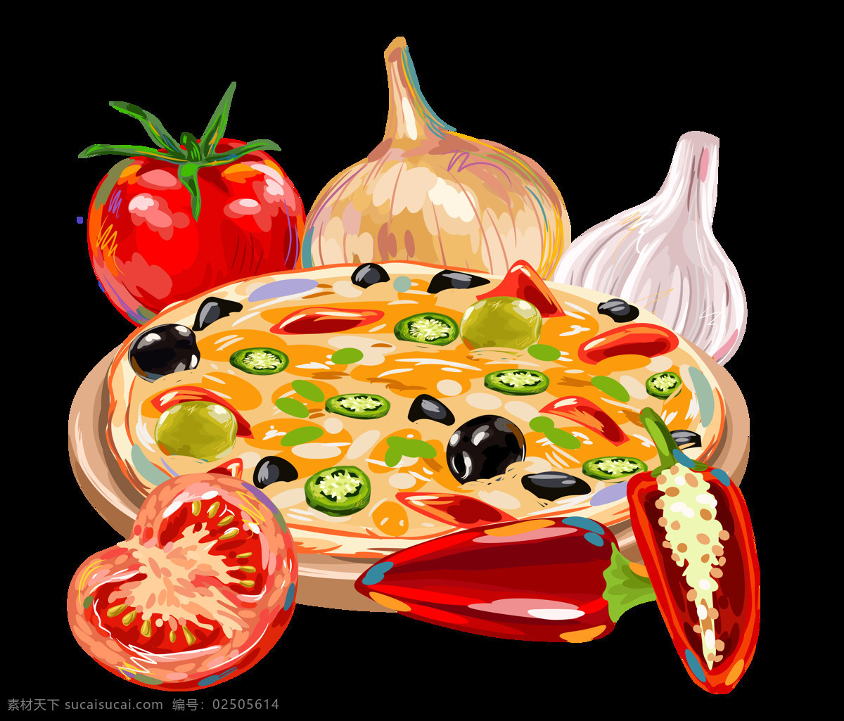 手绘 卡通 食物 装饰 辣椒 美食 披萨 圣诞节 西红柿 洋葱