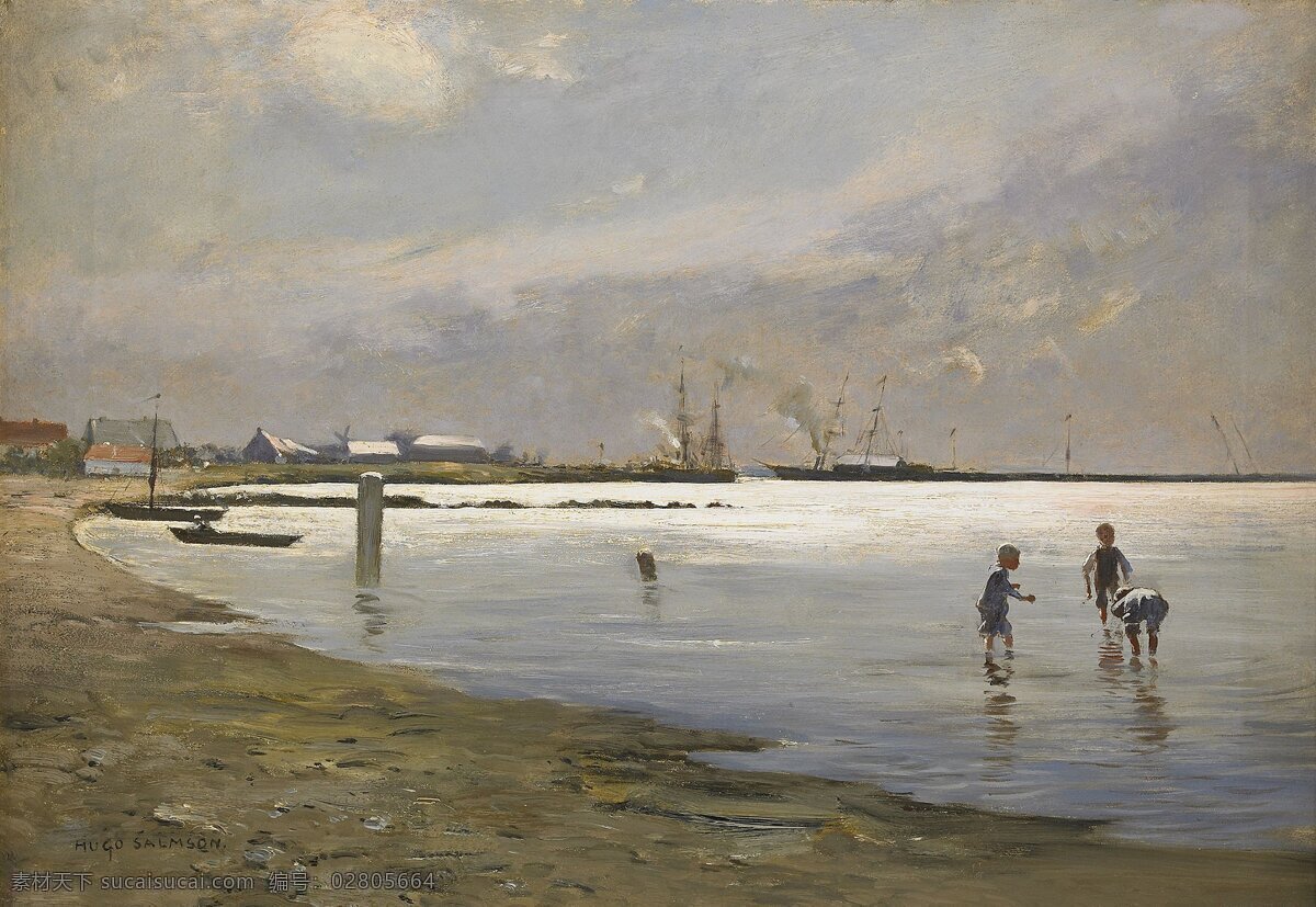 海滩 大海 儿童 风景 绘画书法 沙滩 文化艺术 西方文化 滩 油画艺术 装饰素材