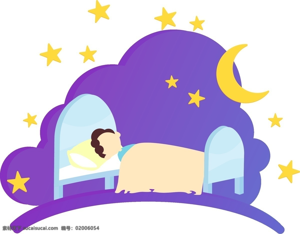 矢量 手绘 月亮 睡觉 紫色渐变夜空 黄色月亮 黄色星星 浅蓝色床 人物睡觉 免扣