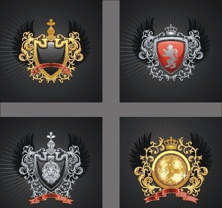 盾 形 徽章 logo 矢量素材 矢量图 图案 皇冠 翅膀 盾牌 盾形 花纹 复古 欧式 飘带 丝带 狮头 狮子 黑色 红色 金色 灰色 标识标志图标 矢量