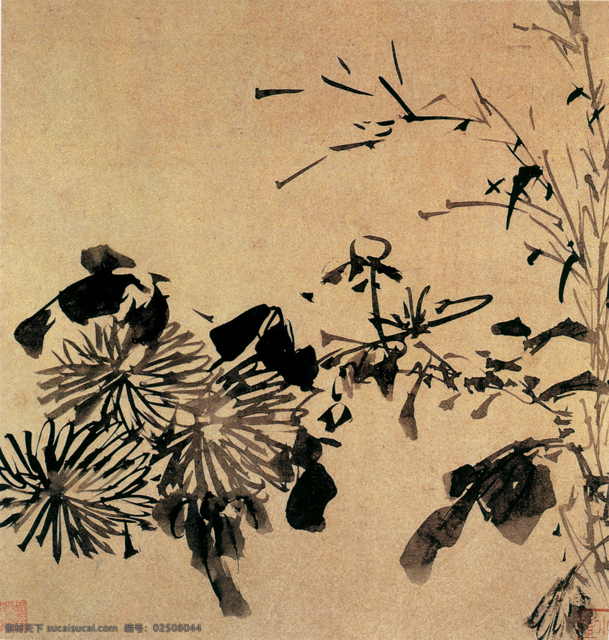 山水花卉图 秋菊 花鸟画 中国 古画 中国古画 设计素材 花鸟名画 古典藏画 书画美术 黄色