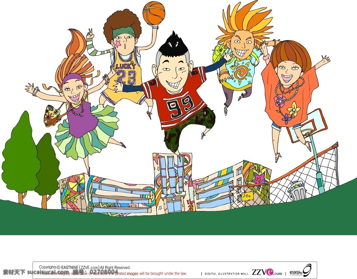 嬉戏 玩耍 孩子 孩童 建筑 绿树 球场 矢量图 嬉戏玩耍 其他矢量图