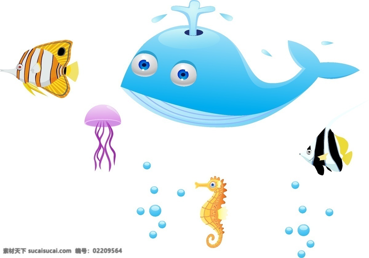 手绘 彩色 海洋生物 矢量图 鲸鱼 海马 章鱼 透明元素 ai元素 免抠元素