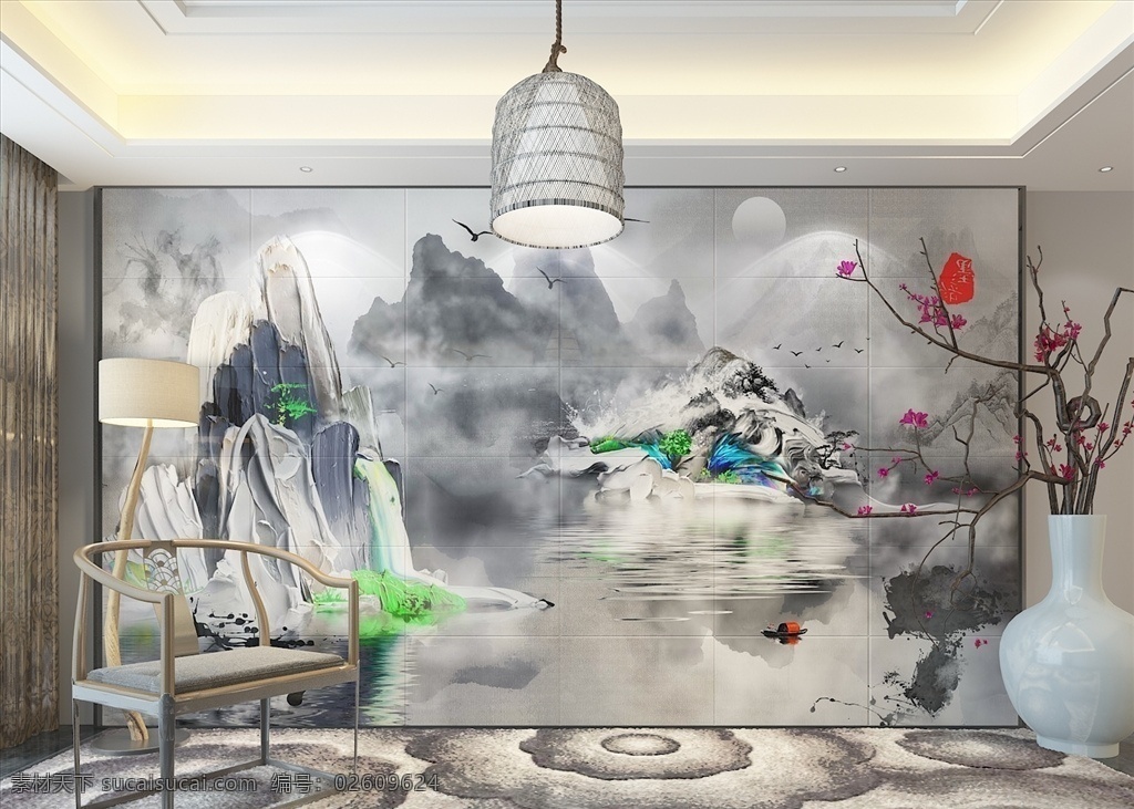 禅意 新 中式 背景 墙 水墨油画 烟幕壁画 禅意茶室 新中式 油画 肌理 创意中式 茶室背景墙 室内效果 环境设计 室内设计 max
