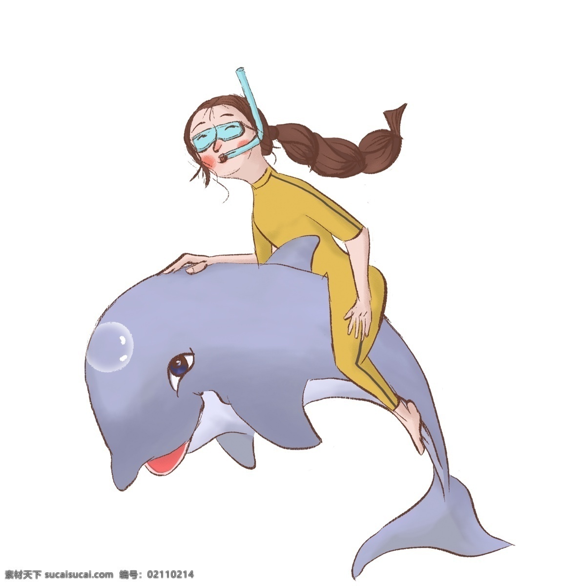 手绘 骑 鲨鱼 潜水 女孩子 插画 卡通 女孩 人物 彩绘 漫画