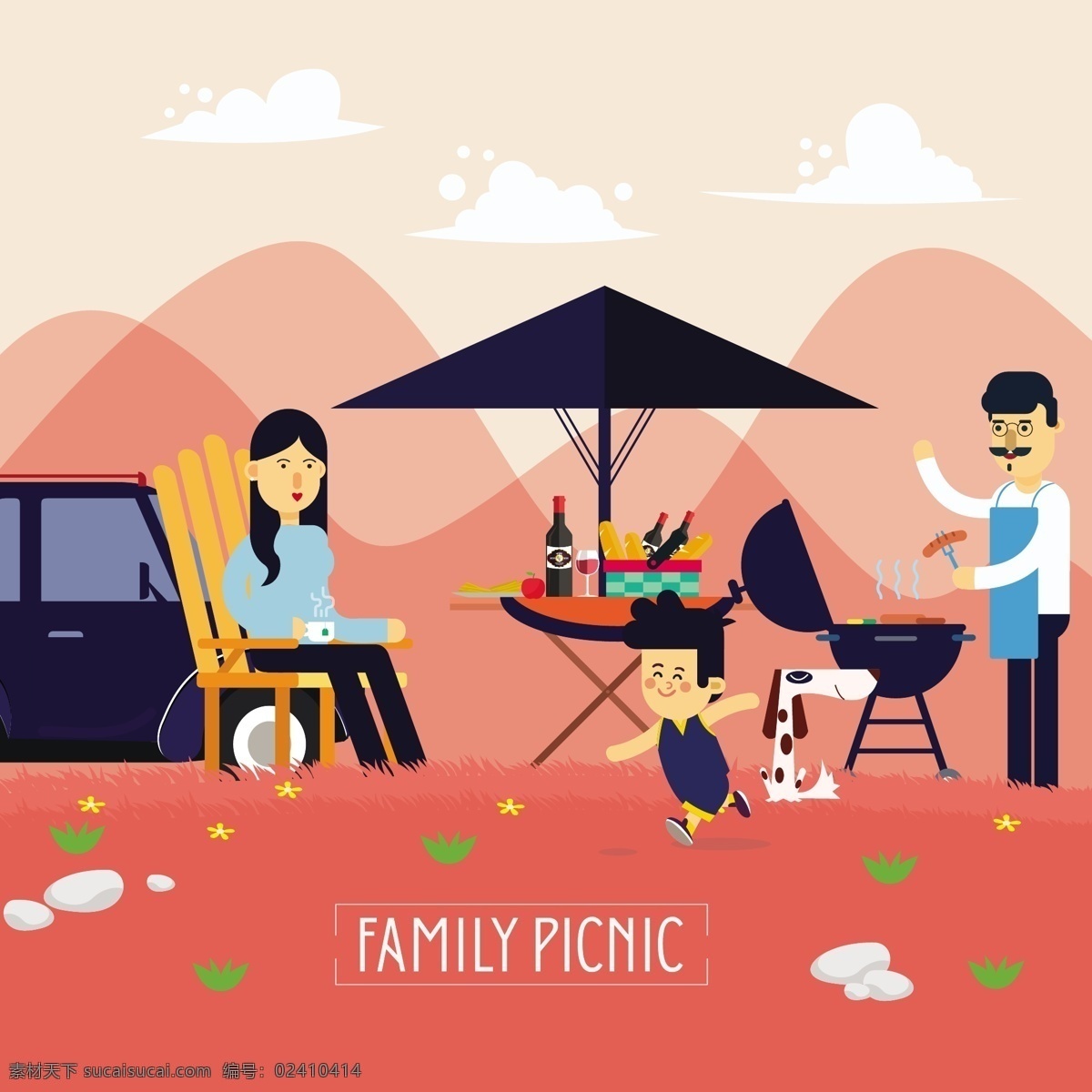 一家人 郊外 度假 矢量 元素 车 粉色背景 夫妻 孩子 烧烤