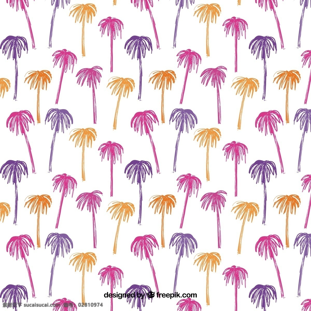 彩色 棕榈树 手绘 图案 背景 树 手 夏天 树叶 自然 色彩 热带 植物 装饰 多彩的背景 无缝的图案 树木 环境