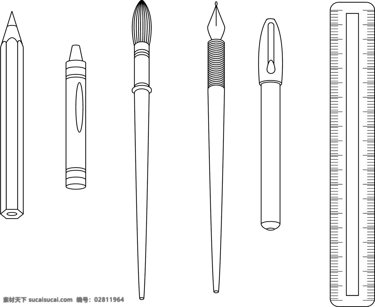 学习用品 笔 尺 蜡笔 毛笔 铅笔 矢量素材 线稿 直尺 签字笔 矢量图 日常生活