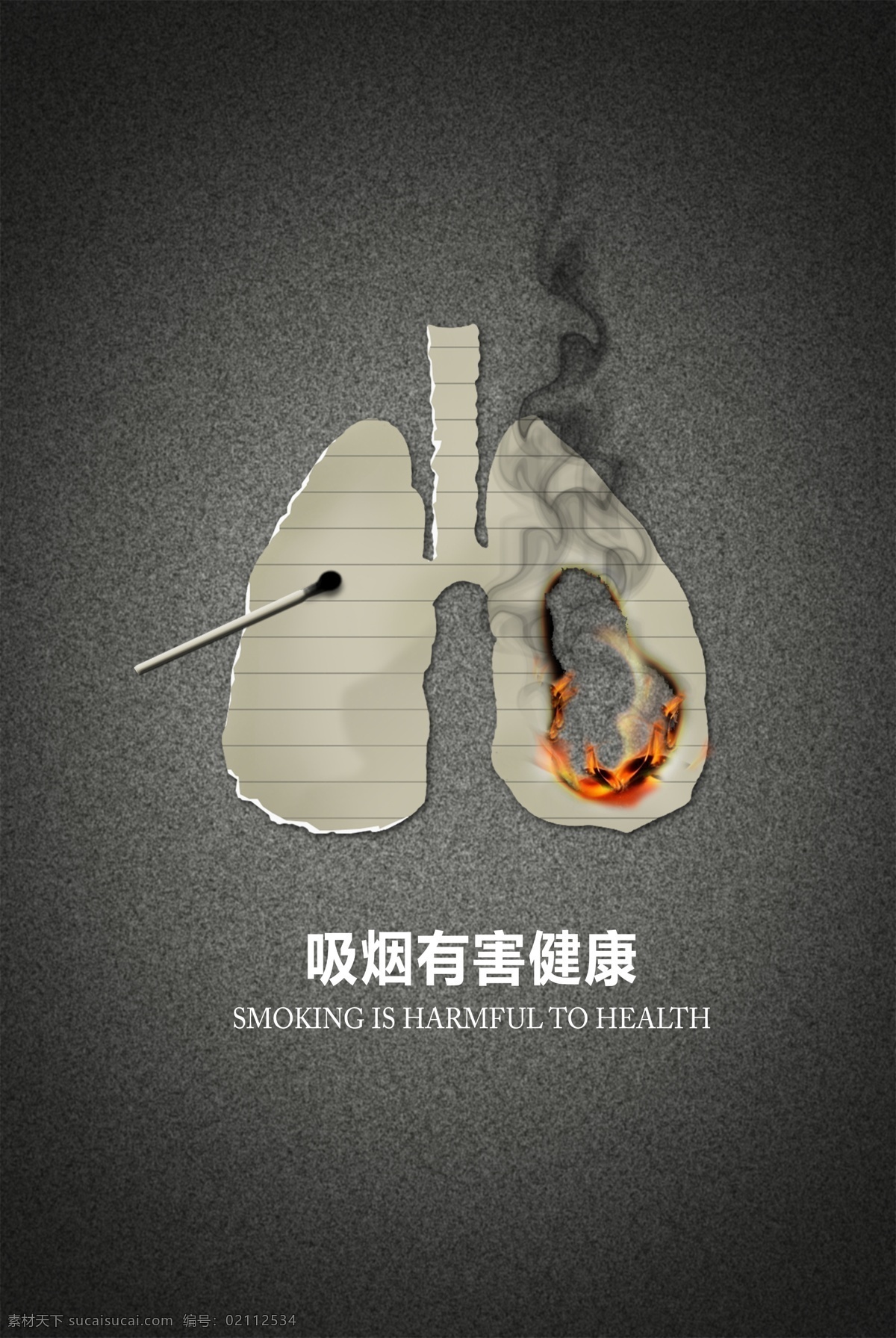 吸烟有害健康 肺叶 火柴 烟雾 黑色 灰色 纸片 燃烧 和谐中国
