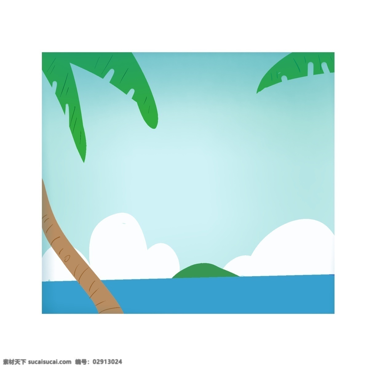 卡通 手绘 夏季 大海 风景 边框 风景边框 大海边框 椰树 美丽的沙滩 可爱 云 白色 绿色 蓝色