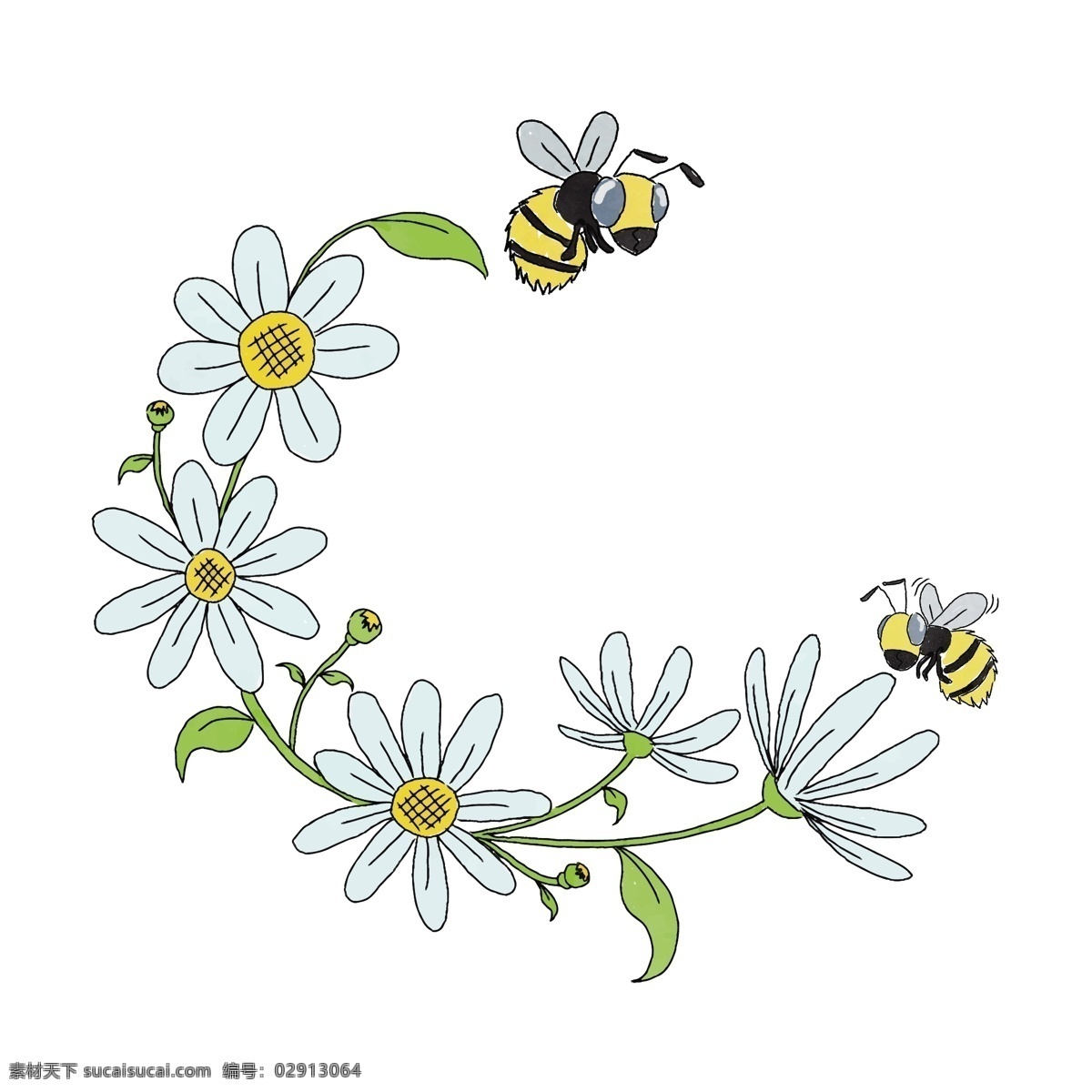 手绘 卡通 白色 花蜜蜂 矢量 蜜蜂 可爱蜜蜂 手绘蜜蜂 手绘花朵 手绘白色 白色花朵 花朵 手绘的蜜蜂 卡通的蜜蜂