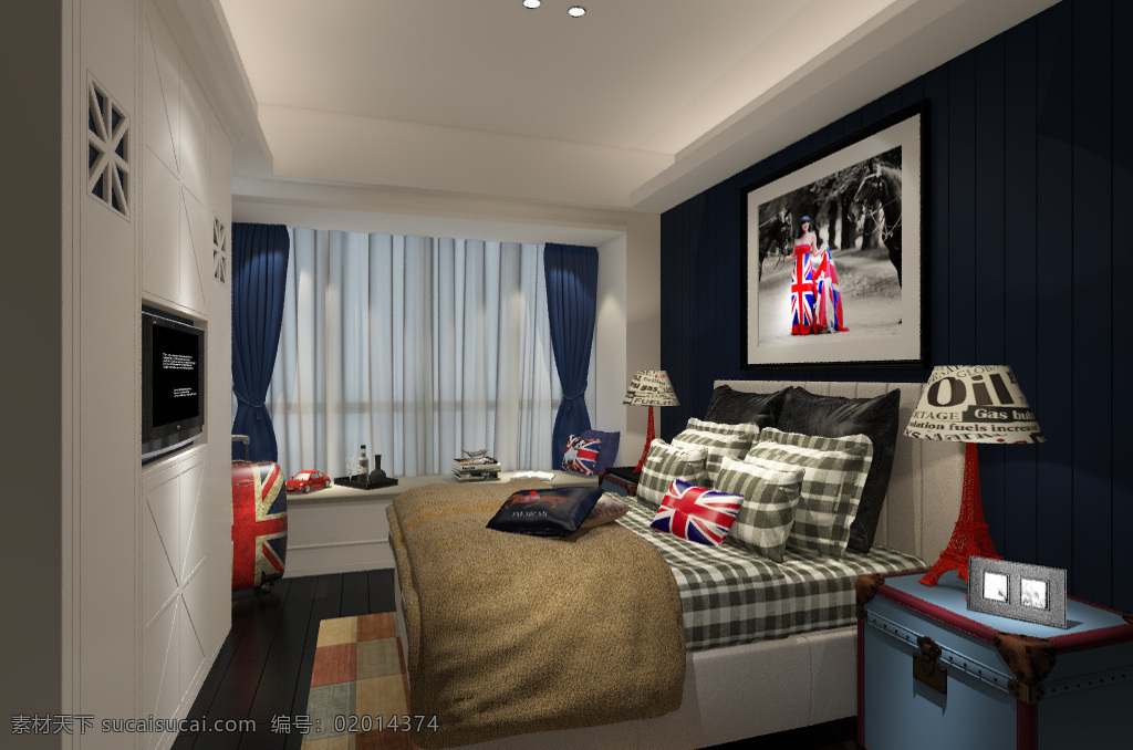 现代 风格 卧室 效果图 床 家具 门 窗帘 电视 模型 窗 地毯 灯具