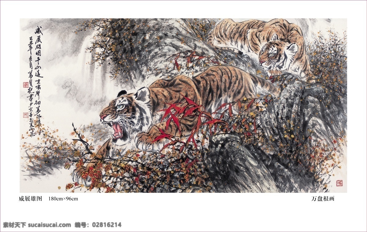 威展雄图 虎 虎仔 万盘根 雄风 国画 名画 书画 字画 水墨 中国画 水墨写意 绘画书法 文化艺术 屏风 横幅 万盘根作品集