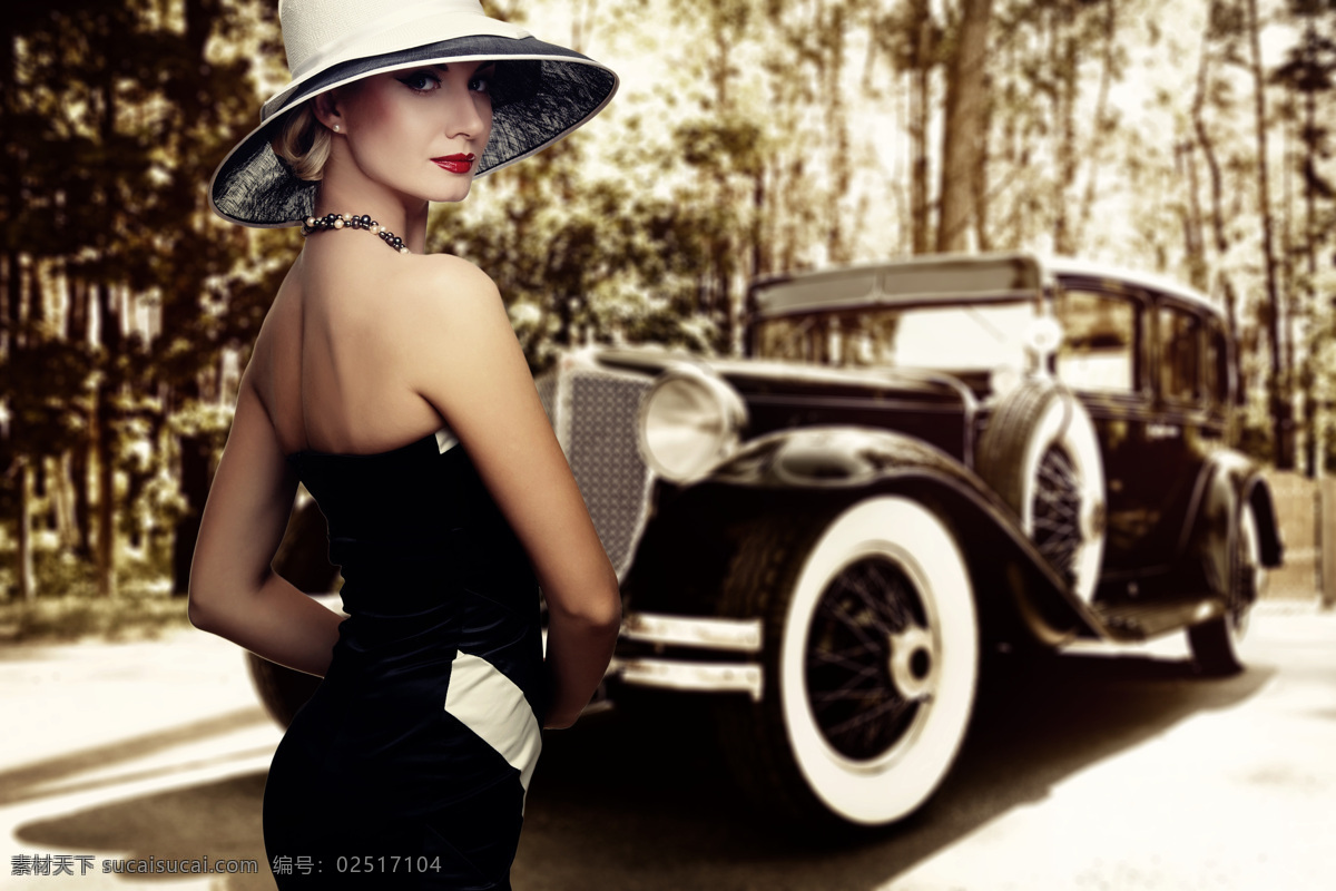 戴帽子 美丽 贵妇 汽车 高贵 气质 美女 金发美女 外国女士 女人 美女图片 人物图片