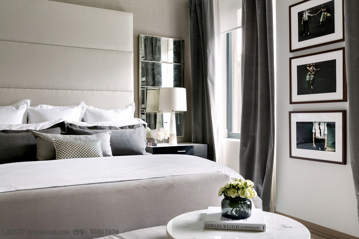 沉稳 卧室 室内设计 效果图 窗帘 床铺 黑白搭配 花瓶 三联挂画 桌子