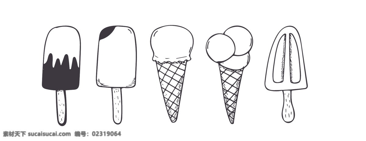 棒冰 卡通 黑白 线条 矢量 涂鸦 装饰 元素 合集 夏天 冰淇淋 甜品 手绘涂鸦 厨房 食物