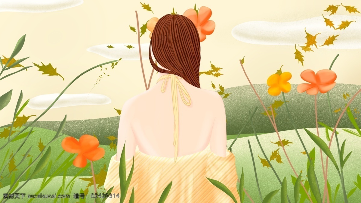 二十四节气 立秋 户外 旅行 女孩 手绘 海报 插画 节气 入伏