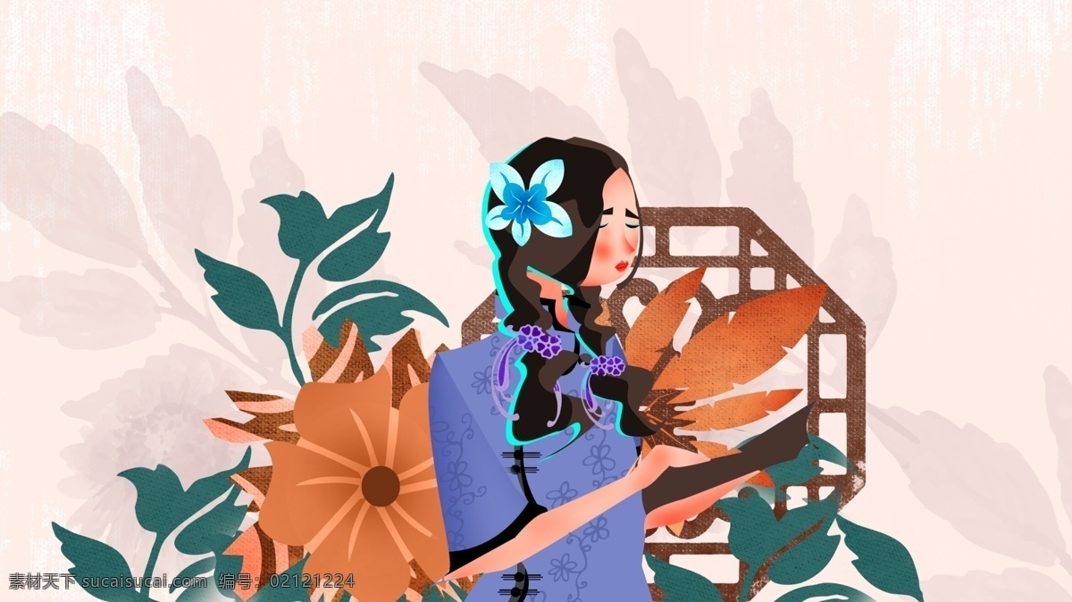 民国 风格 学生装 插画 复古 旗袍 女孩 服装 中山装