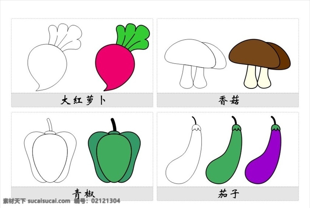 植物简笔画 蔬菜简笔画 儿童简笔画 儿童画 大红萝卜 萝卜 蘑菇 香菇 青椒 茄子 矢量 简图