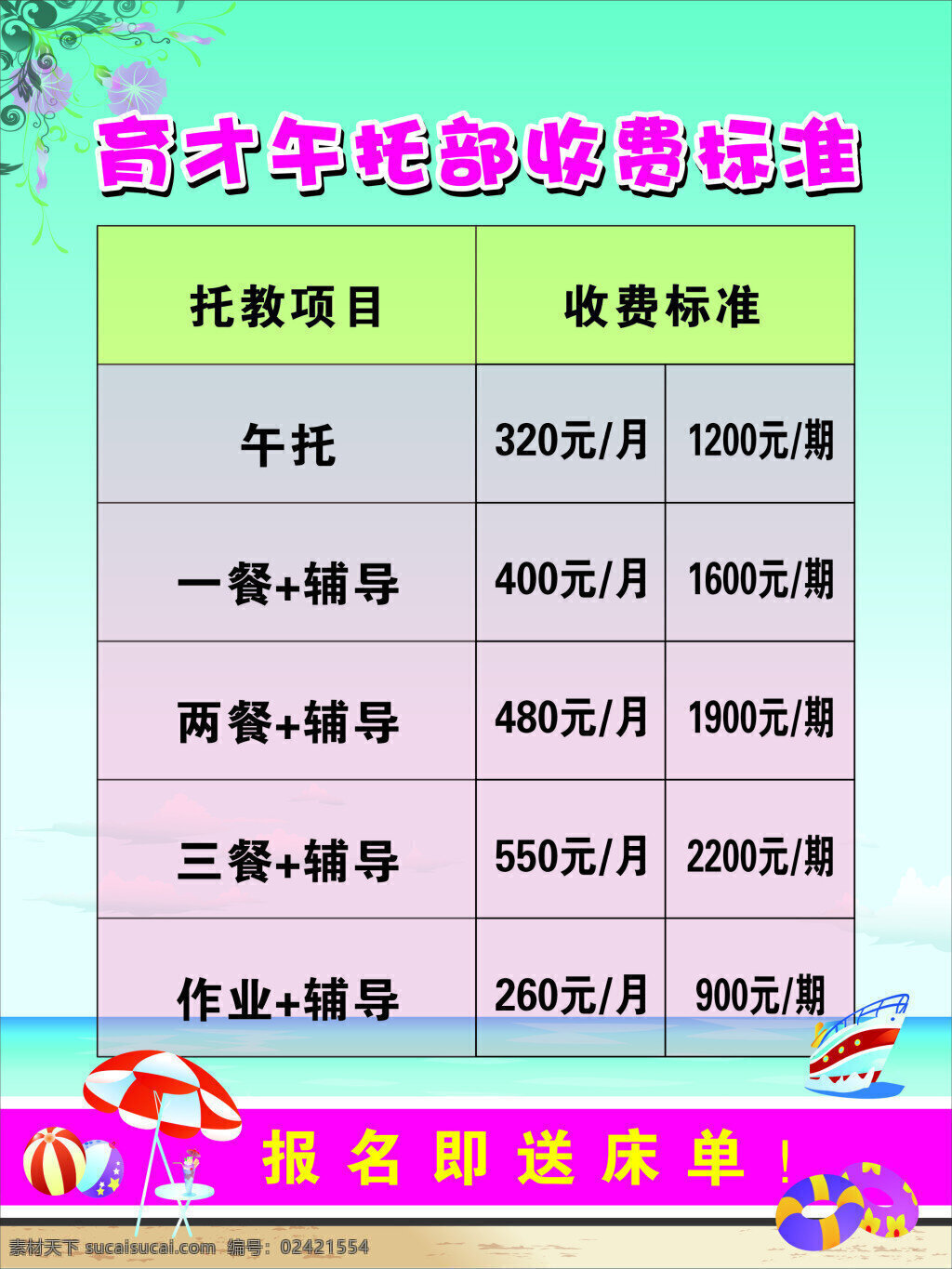 收费标准 制度 展板 午托 部 午托部 午托部制度 青色 天蓝色