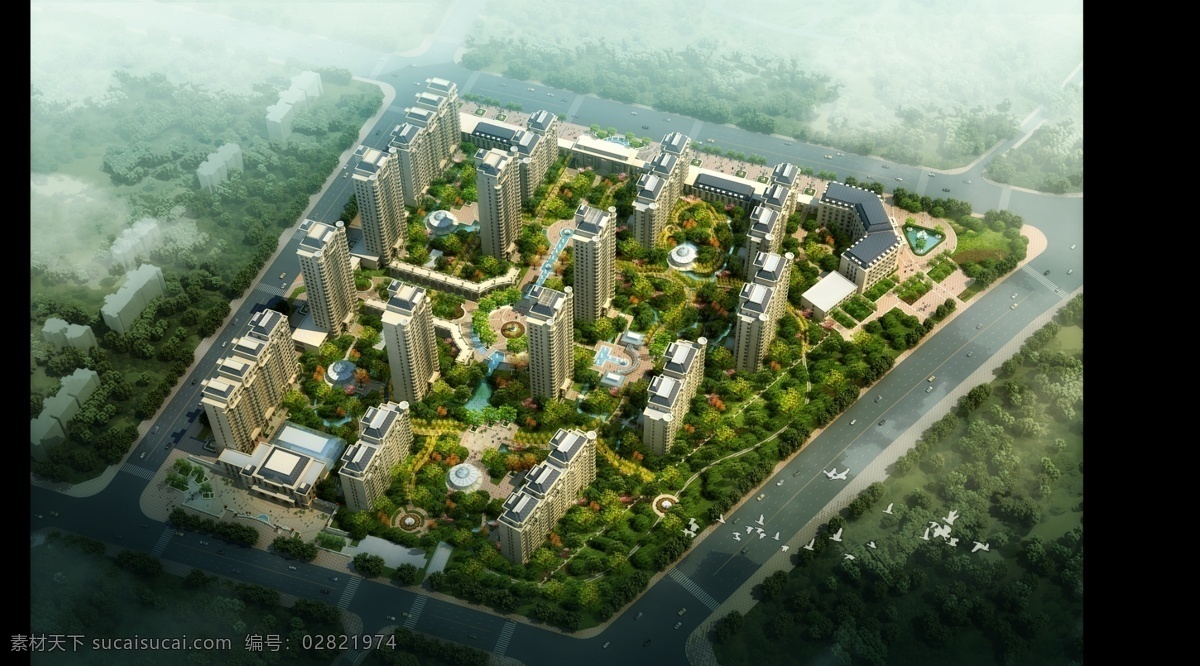 小区鸟瞰图 小区街道 效果图 水系 铺装 植物 水景 建筑 鸟瞰图 交通 环境设计 景观设计
