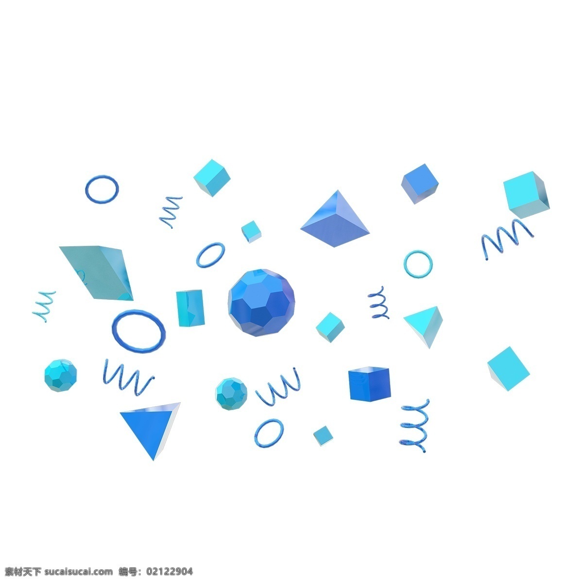c4d 蓝色 天蓝色 多边形 漂浮 蓝色漂浮 装饰颗粒 悬浮 球体 方形 螺旋体 颗粒