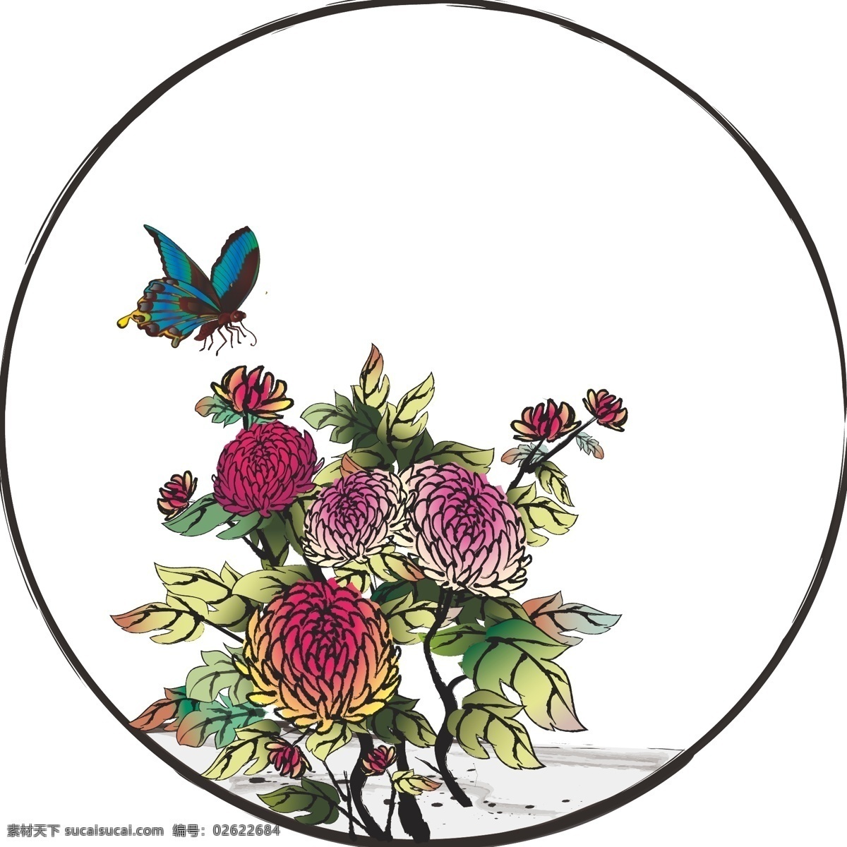 手绘 中国 风 水墨 花卉 菊花 叶子 植物 边框 元素 蝴蝶 中国风