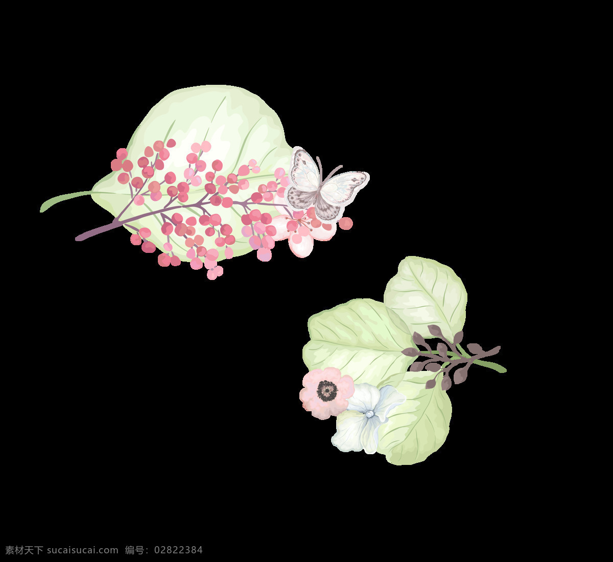 手绘 水彩 花朵 叶子 装饰 春天 绿色 红色